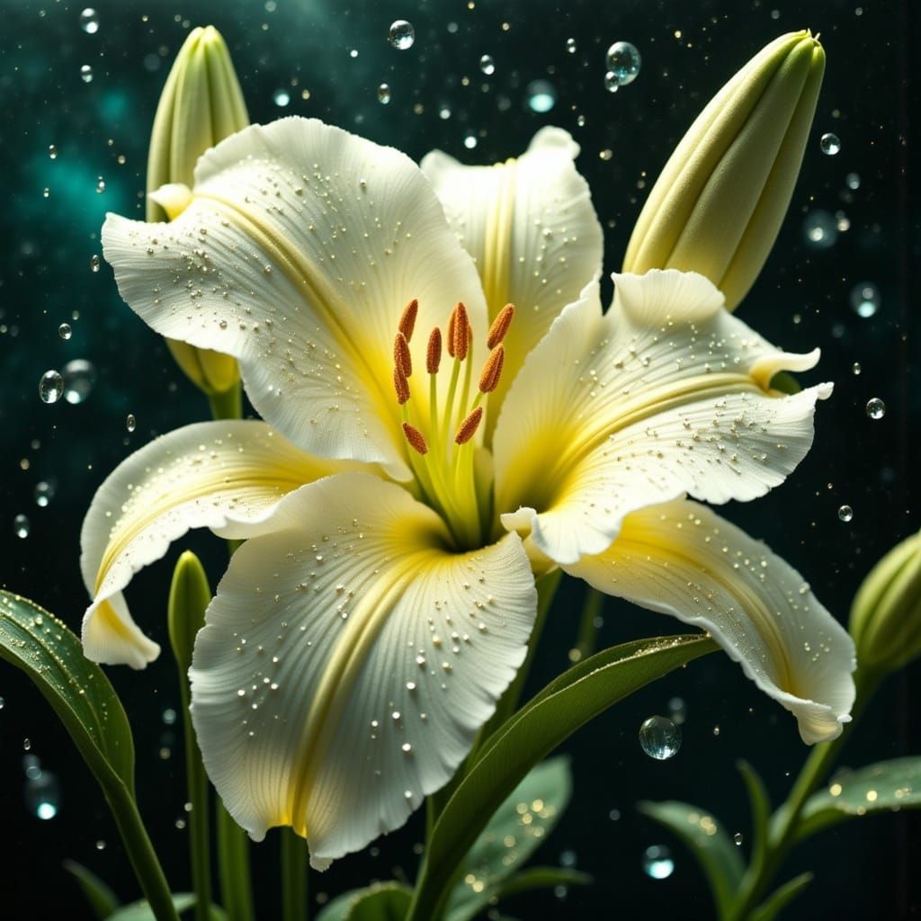 Lilies in Glittering Raindrops