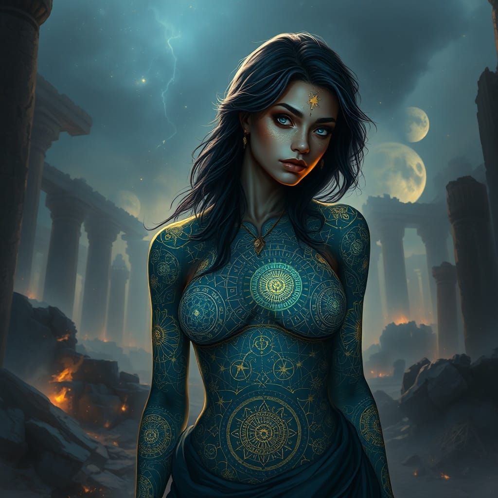 Celestial Tattooed Woman in Ruined Mist Glow