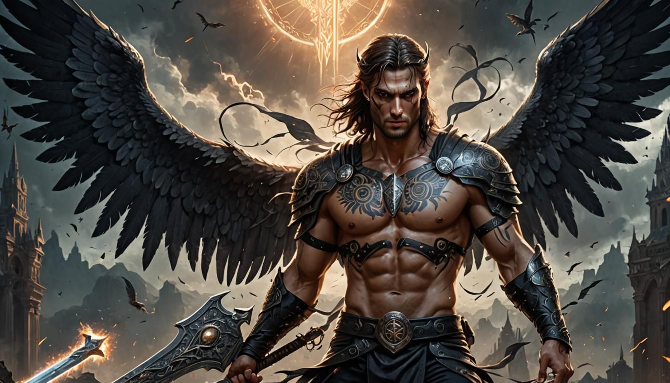 Angel with Black Wings and Runes in Fantasy Art