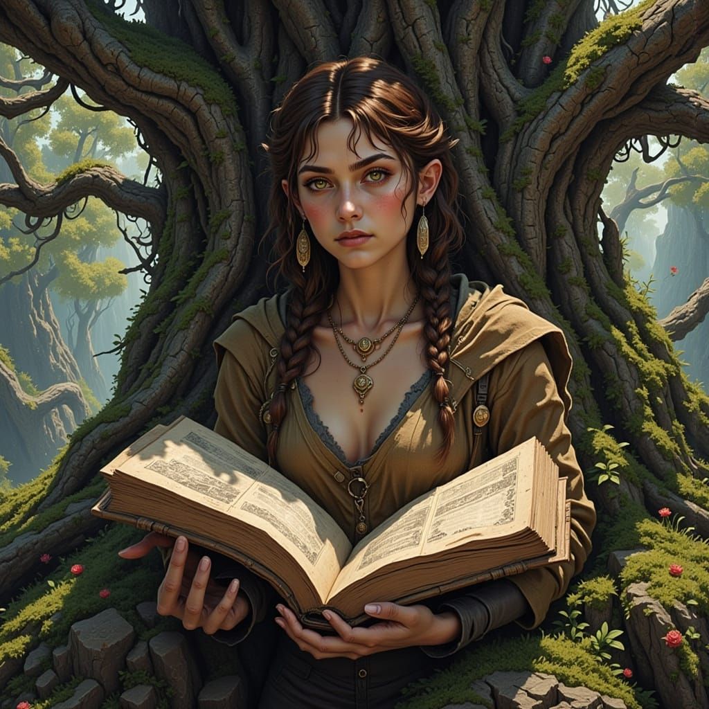 Woman Reads Ancient Book Under Dŭrvo Tree in Golden Light