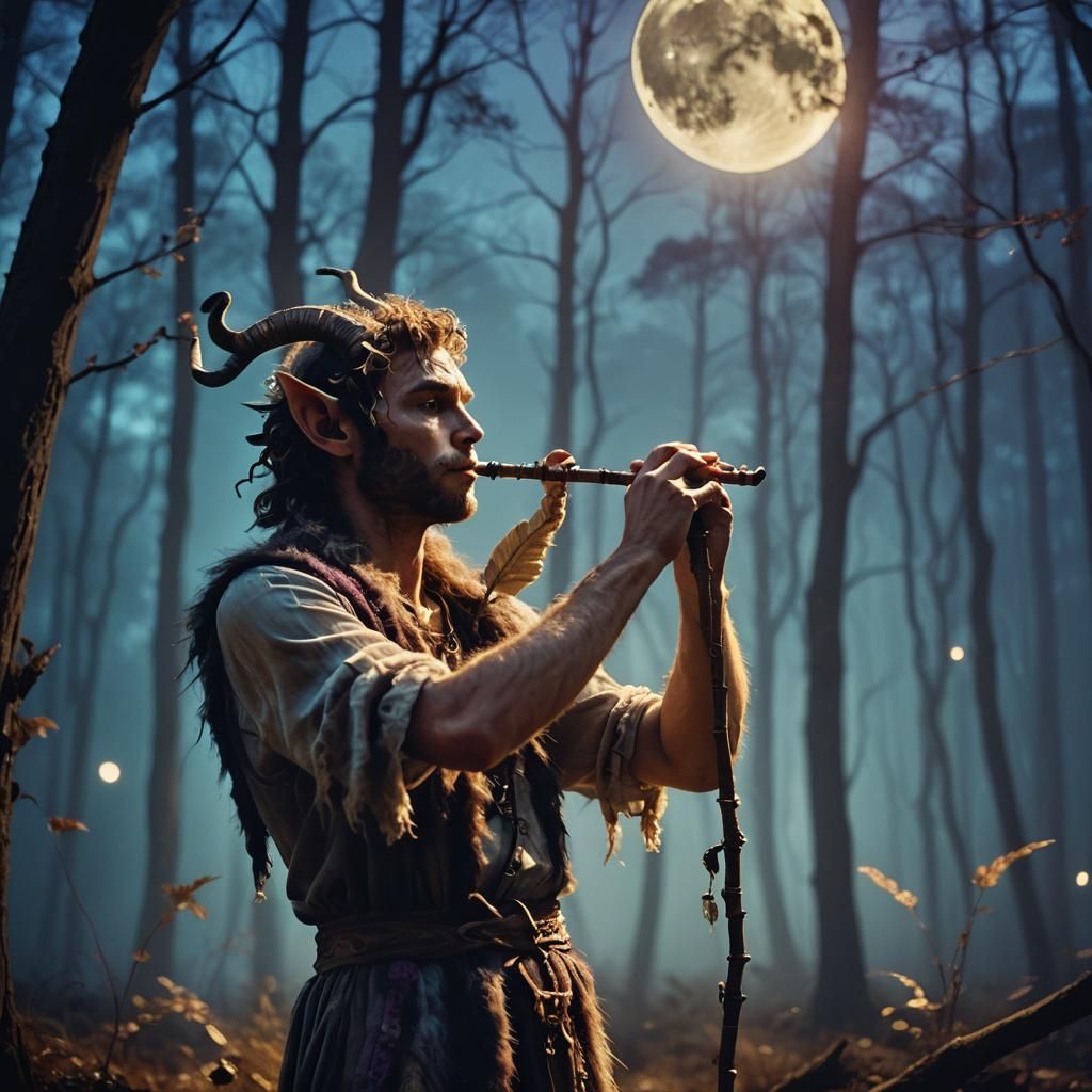 Faun Plays Flute Under Moon in Mystical Forest