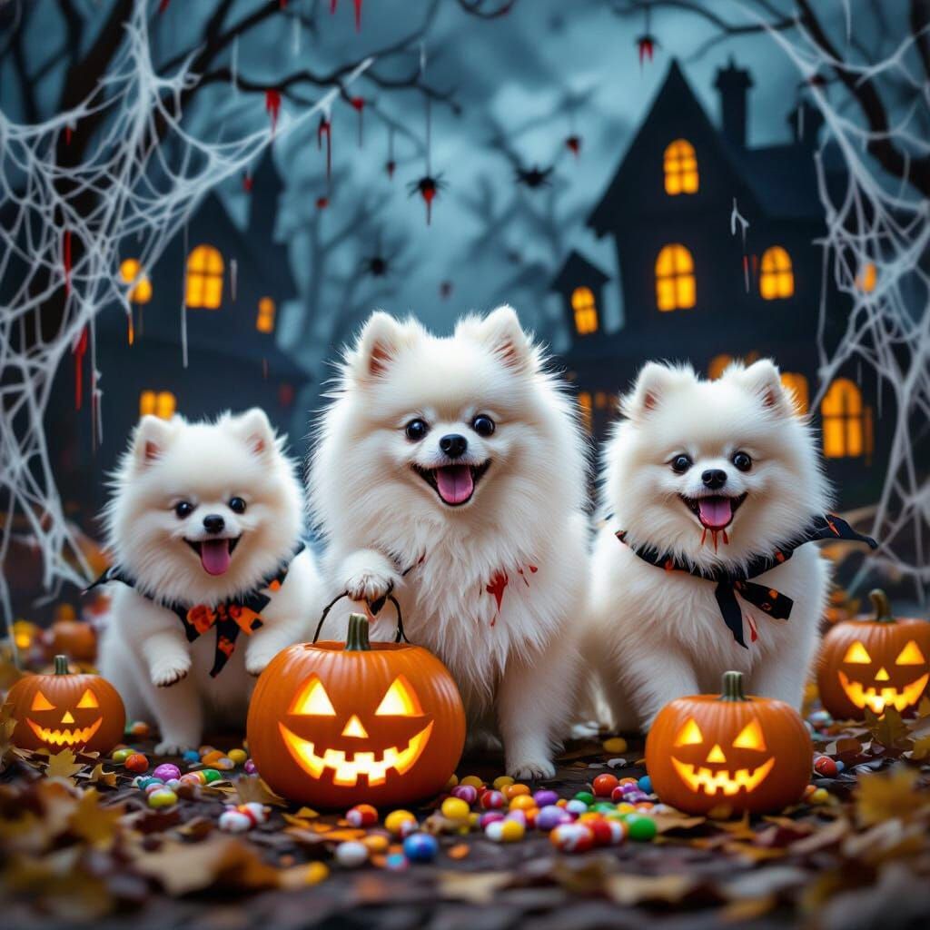 Zombie Pomeranians Trick-or-Treating on Halloween Night