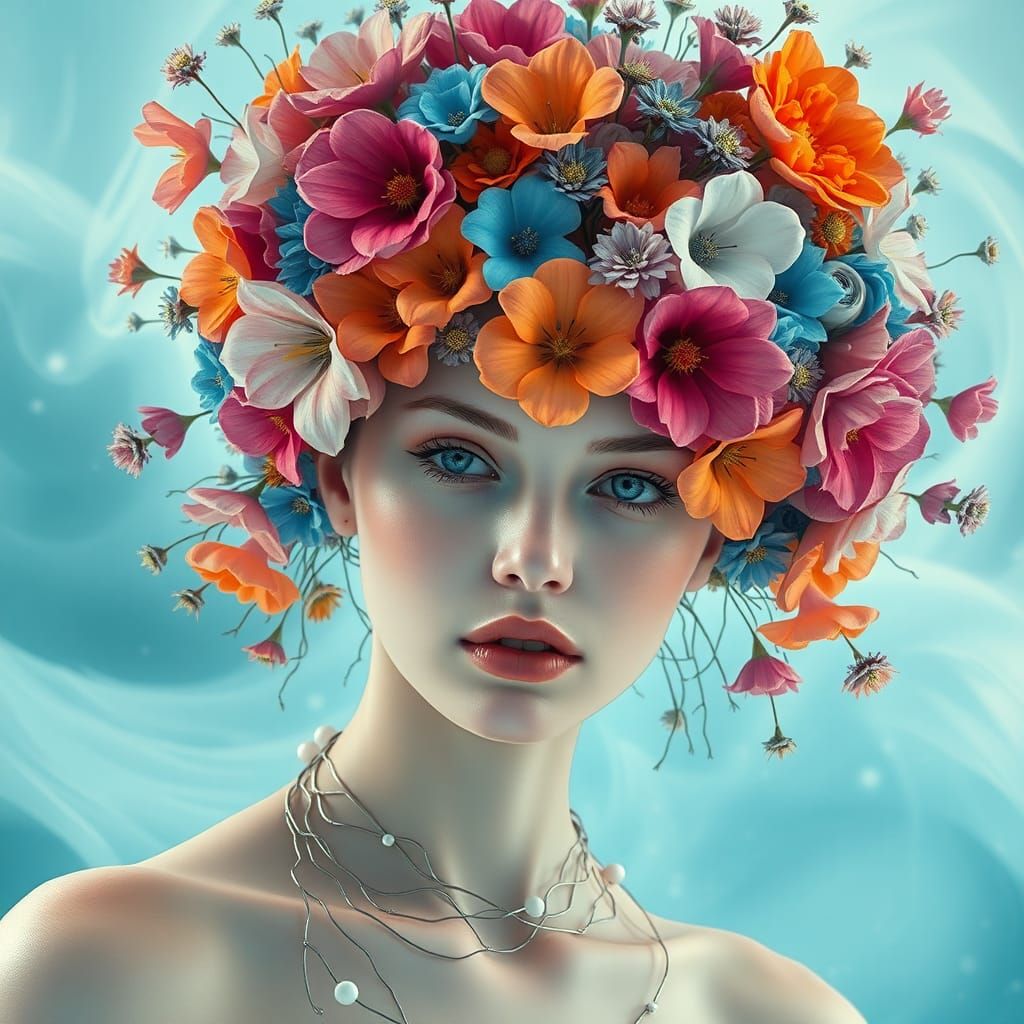 Ethereal Woman with Floral Crown in Dreamy Landscape