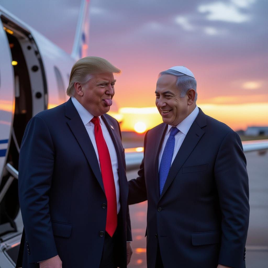 Trump Sticking Tongue Out at Netanyahu on Tarmac