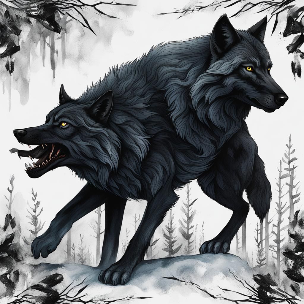Black Wolf in Enigmatic Darkness