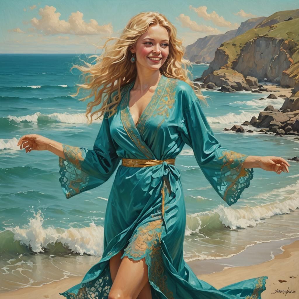 Bohemian Woman in Turquoise Robe, Oil Painting