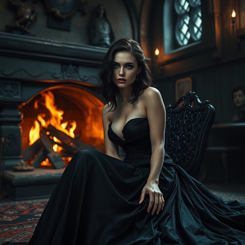Sensual Vampire in Medieval Castle, Hyperrealistic Art
