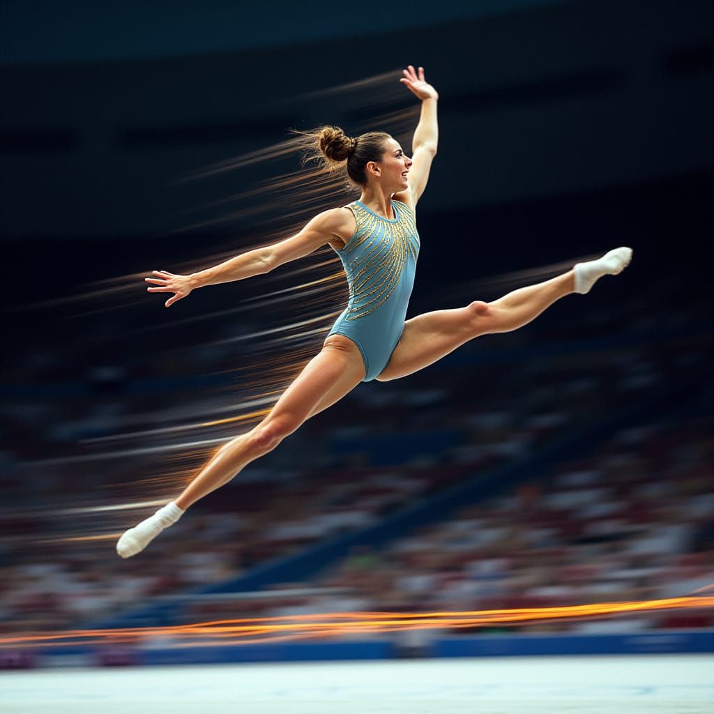 Dynamic Gymnast in Mid-Air, Blurred Arena, Kinetic Lighting