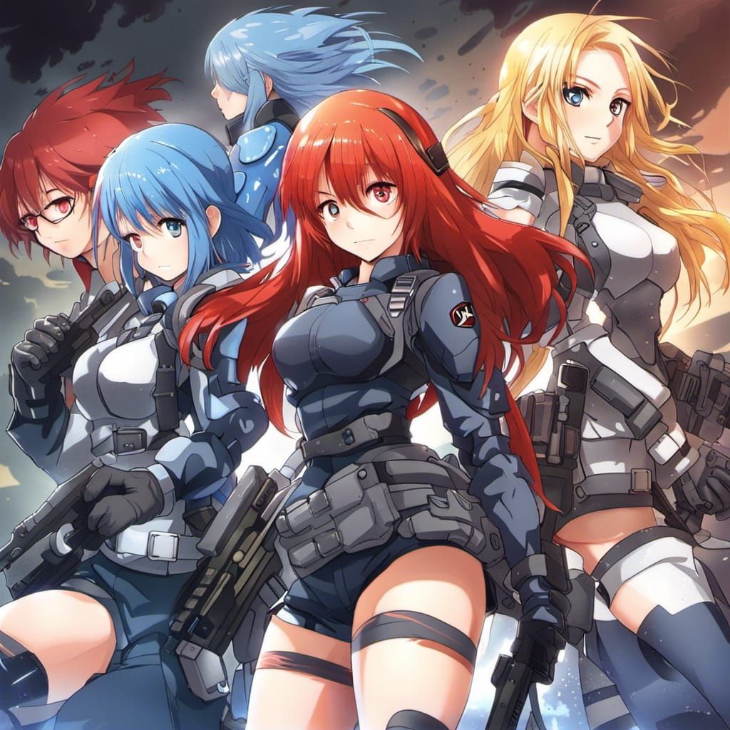 Anime Girls in Combat Gear with Colorful Hair