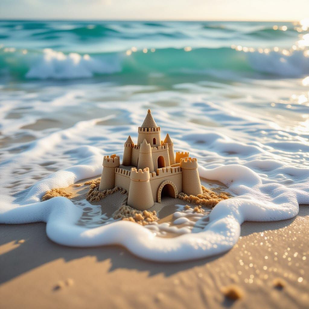 Realistic Sandcastle on Beach at Golden Hour