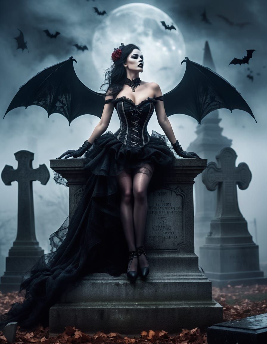 Gothic Diva on Gravestone with Bat Wings