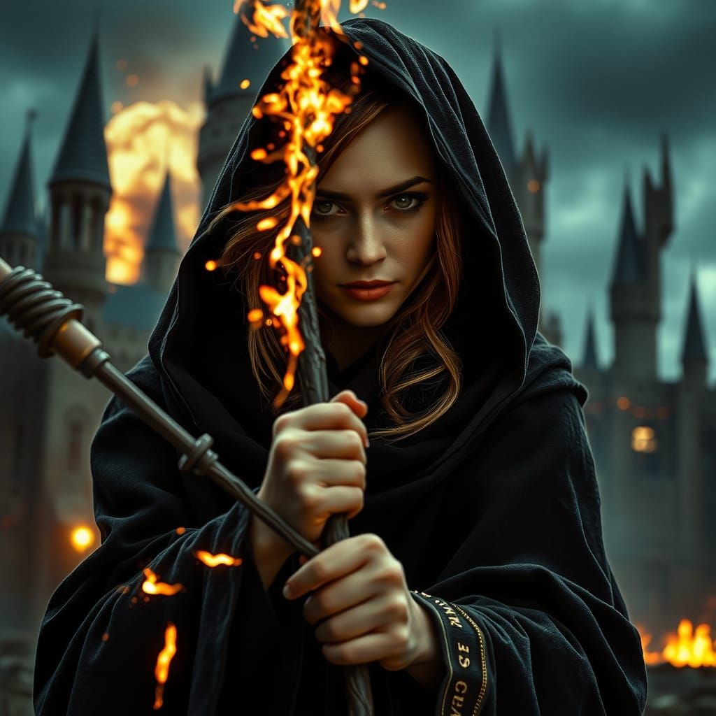 Powerful Sorceress Amidst Hogwarts War in Cinematic Style