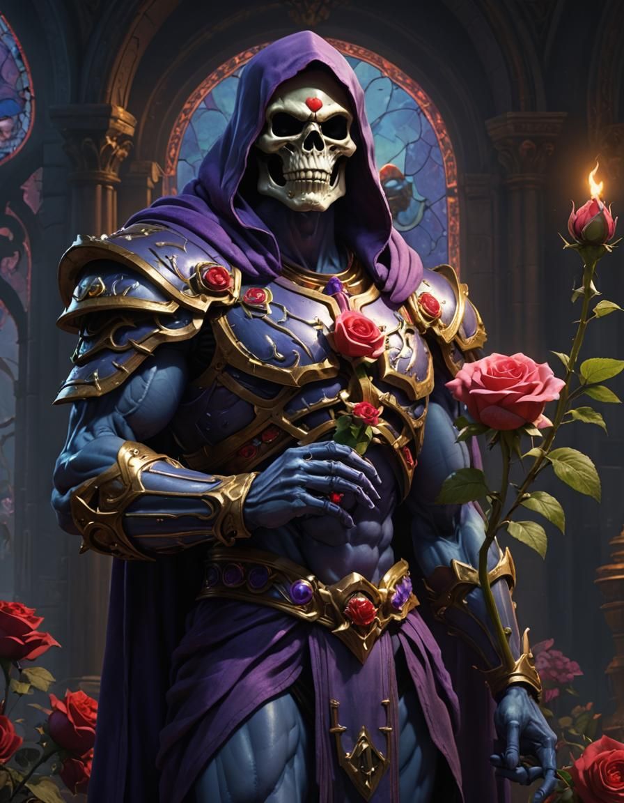 Skeletor holding a rose, masters of the universe, motu