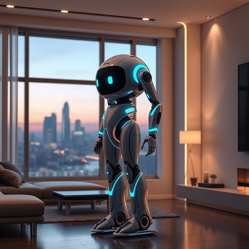 Sleek Futuristic Home Robot in Neon-Lit Living Room