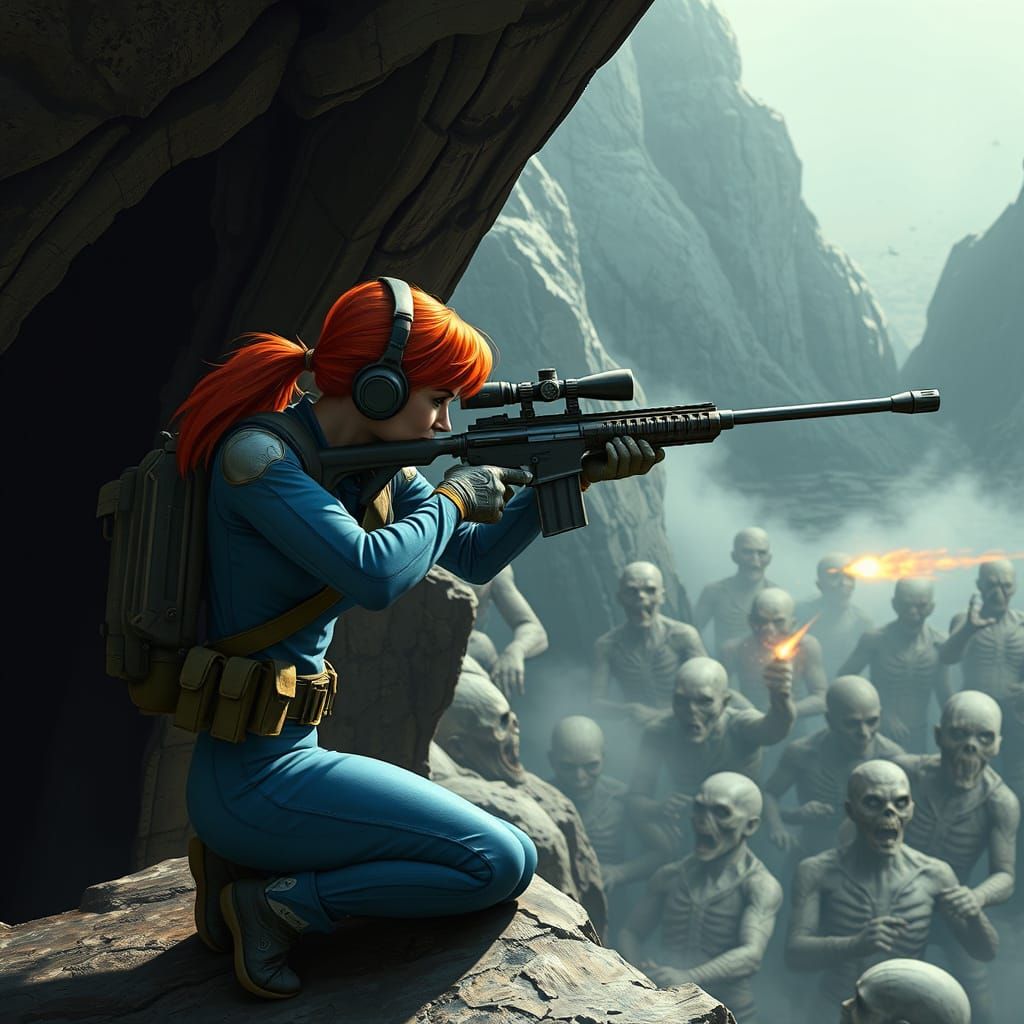 Redhead Vault Dweller Sniper Prepares for Battle at Dawn