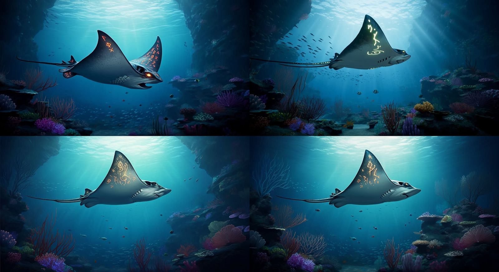 Runic Stingray Glides Through Coral Reef, Digital Art