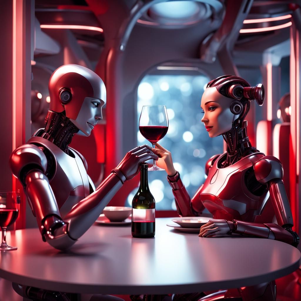 Romantic Human-Robots Share Wine in Sci-Fi Restaurant