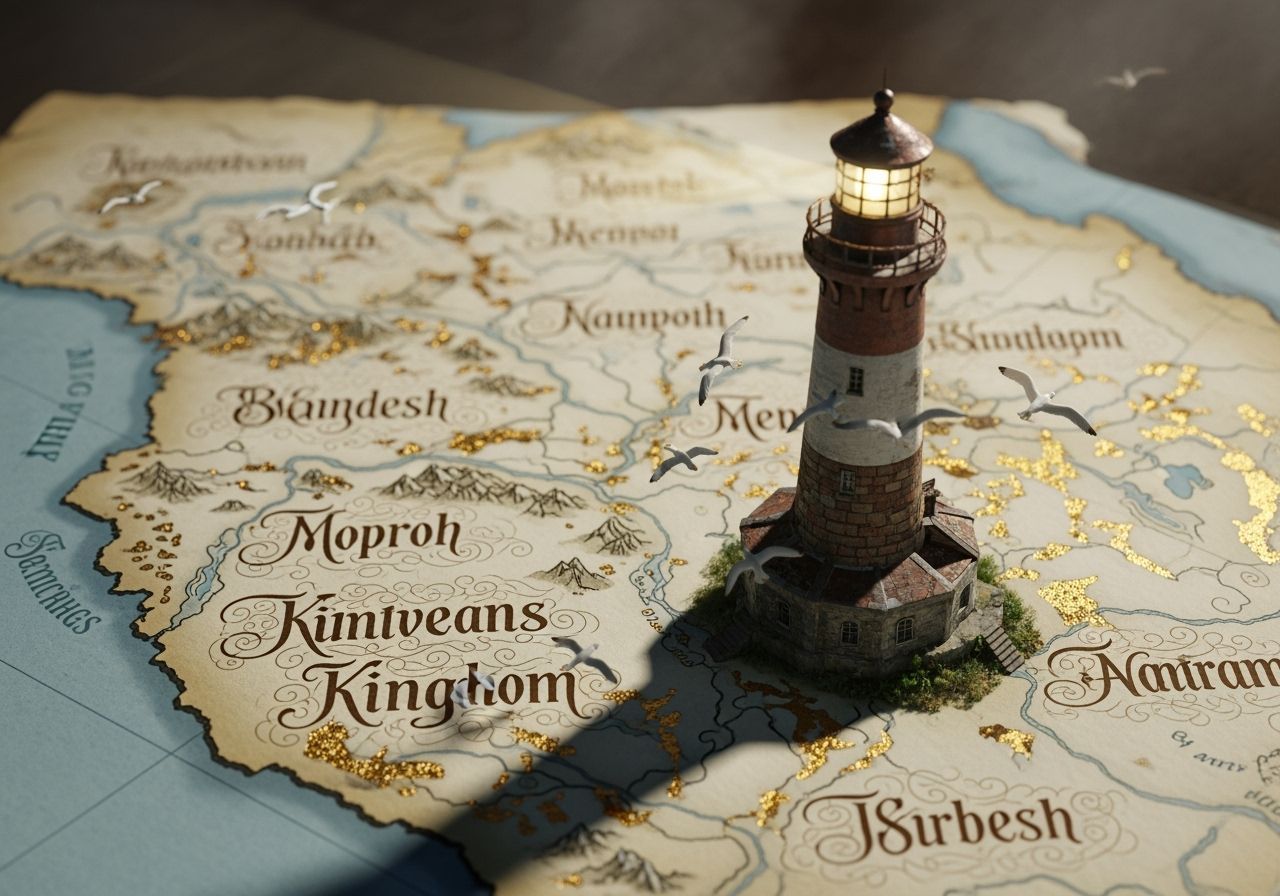 Fantastical Kingdom Map with Lighthouse in Retrofuturistic S...