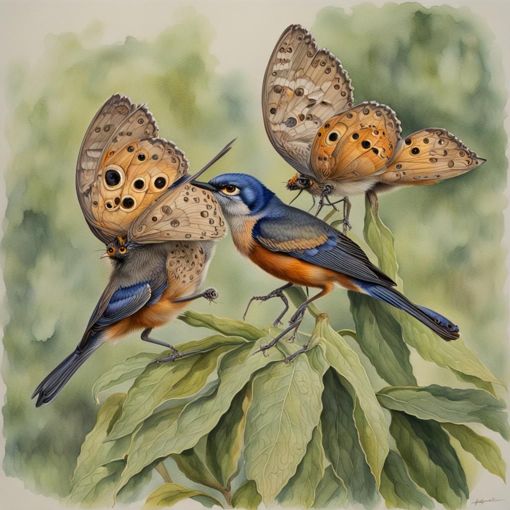 Flame Bowerbirds Mating Display in Watercolor