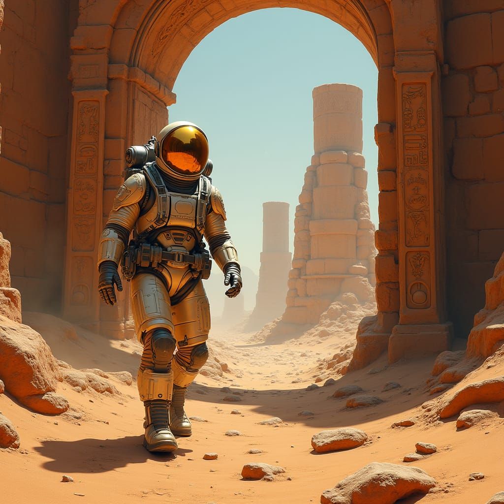Astronaut Explores Ancient Ruins in Sci-Fi Landscape