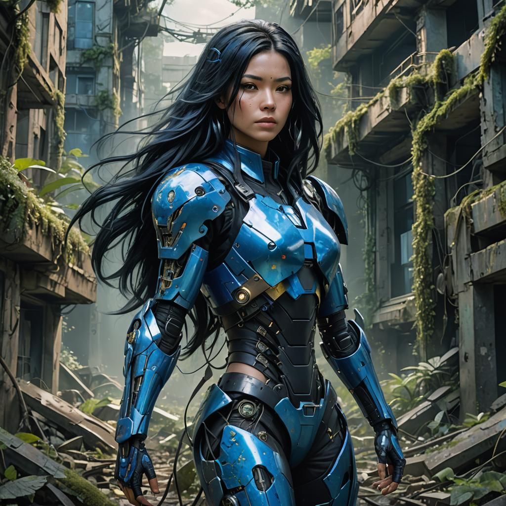 Woman in Blue Armor in Jungle Ruins