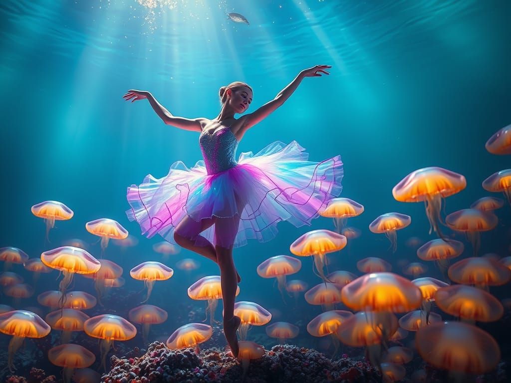 Ballet Dancer's Underwater Arabesque in Ethereal Light