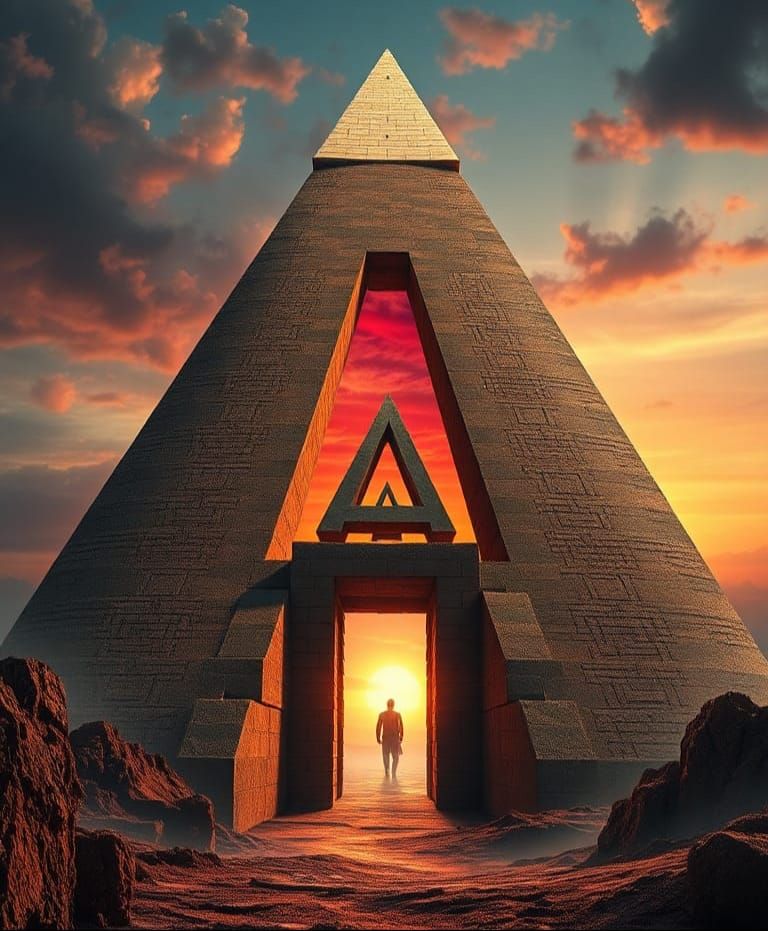 Surreal Floating Pyramid Island Fortress at Sunset