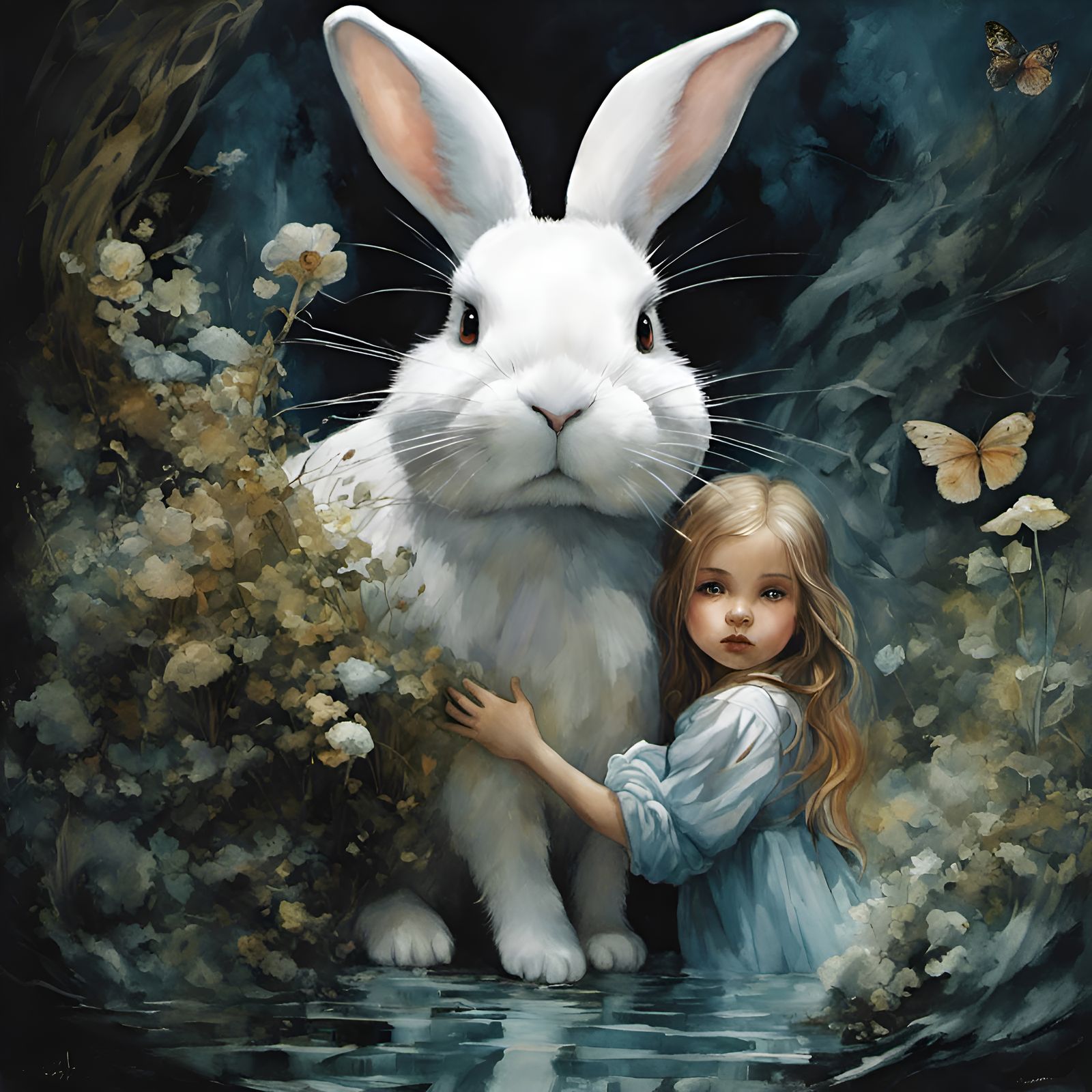 Girl and Giant Rabbit in Fluid Watercolor Style