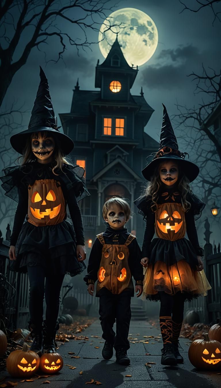 Surreal Halloween: Children Trick-or-Treating on Foggy Stree...