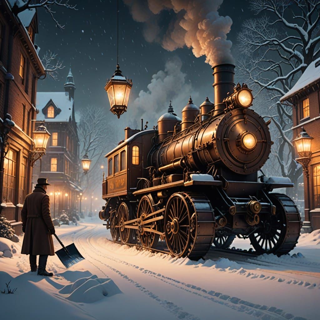Steampunk Man Clears Driveway on Snowy Winter's Night
