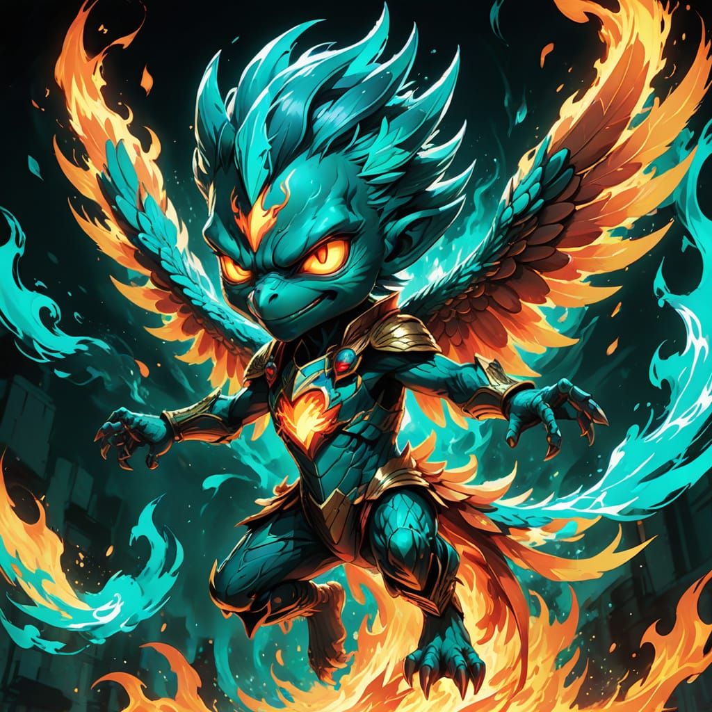 Chibi Phoenix Hero in Teal Flames