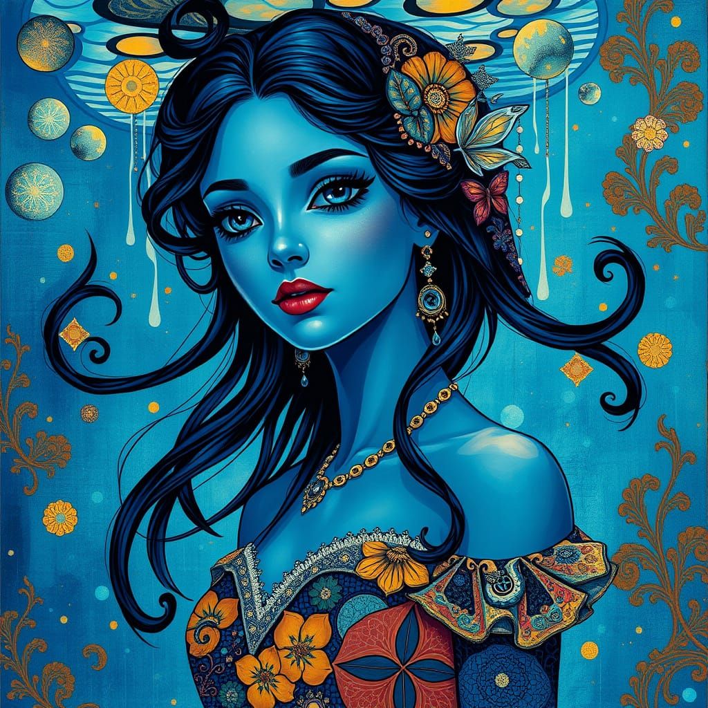 Sapphire Queen Underwater: Art Nouveau Style Portrait