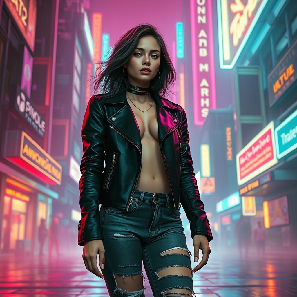 Epic Cyberpunk Woman in Neon Cityscape
