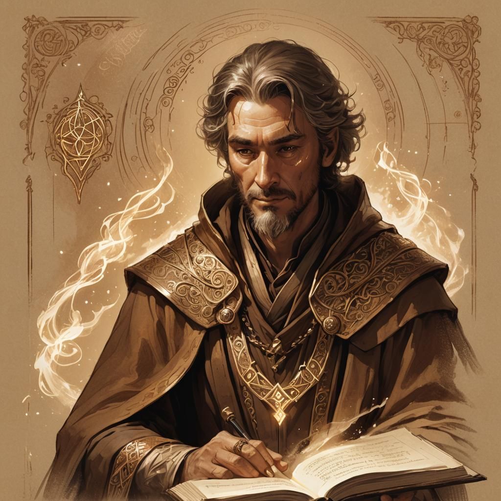 Wizard Reading Tome: Sepia Sketch Portrait