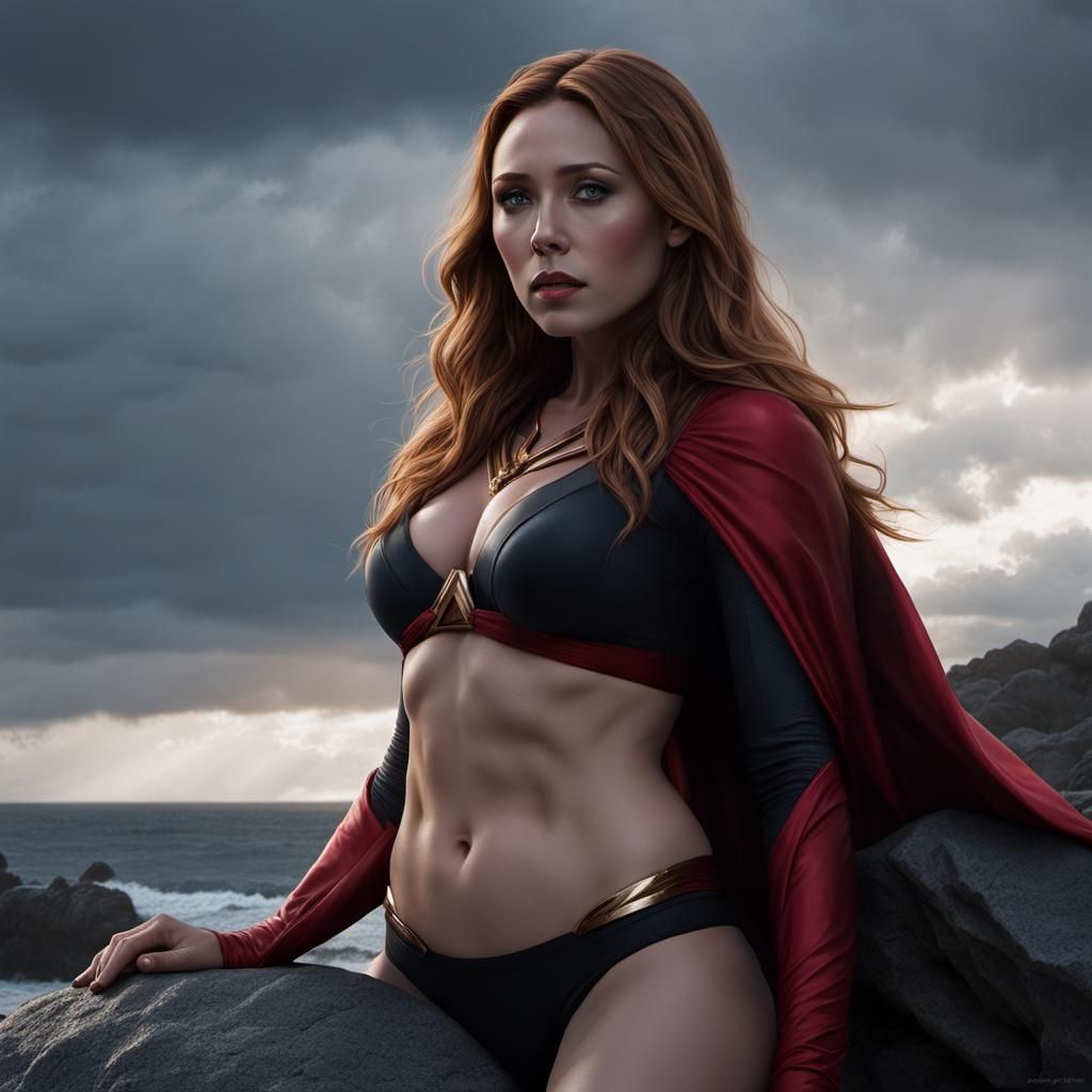 Scarlet Witch Meditating on Stormy Beach in Realism Style