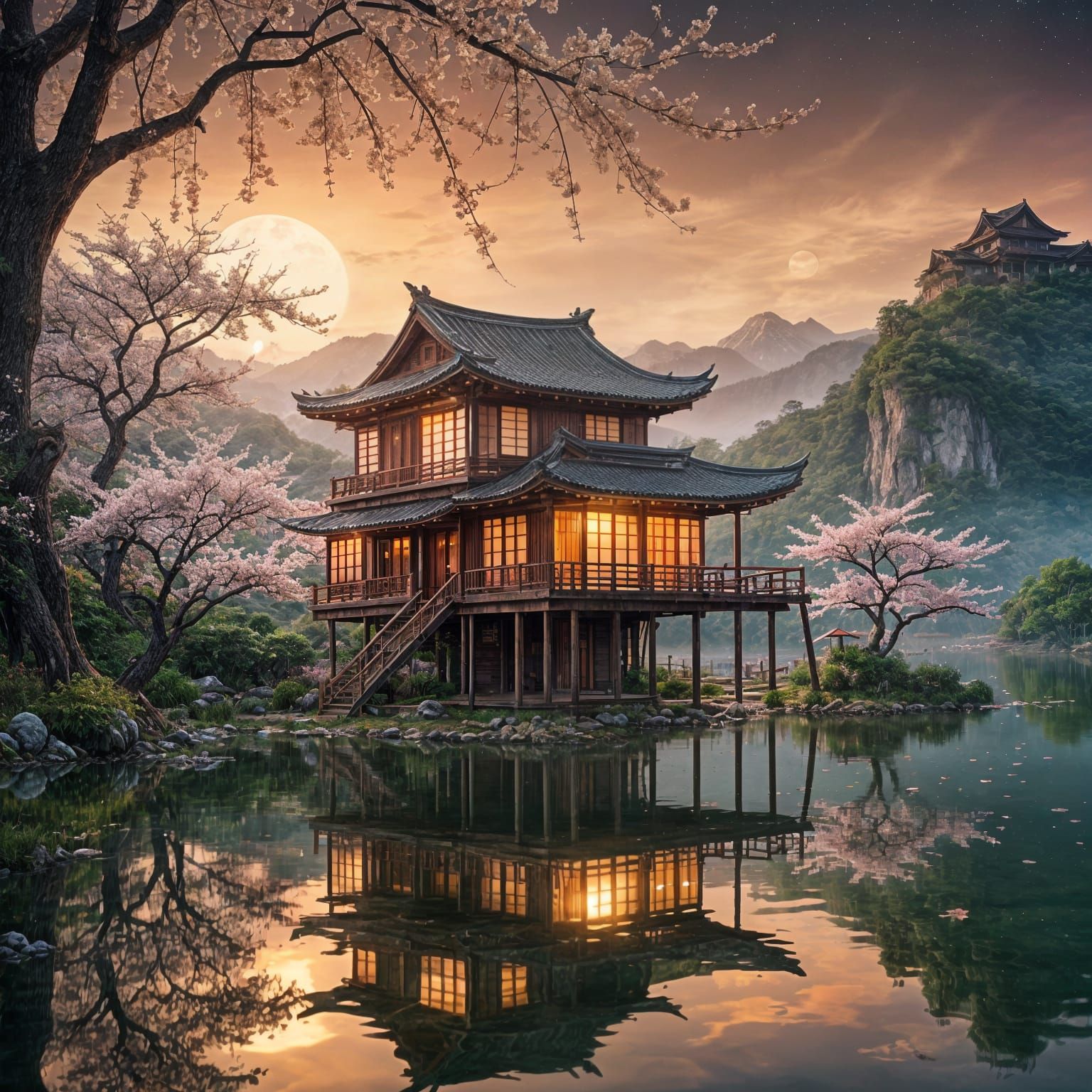 Asian Stilt House at Sunset: 8K Photorealistic