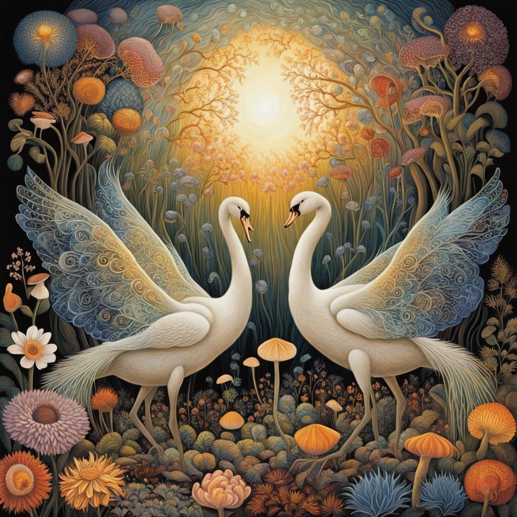 Women with Swan Wings Blossom from the Earth in a Whimsical,...