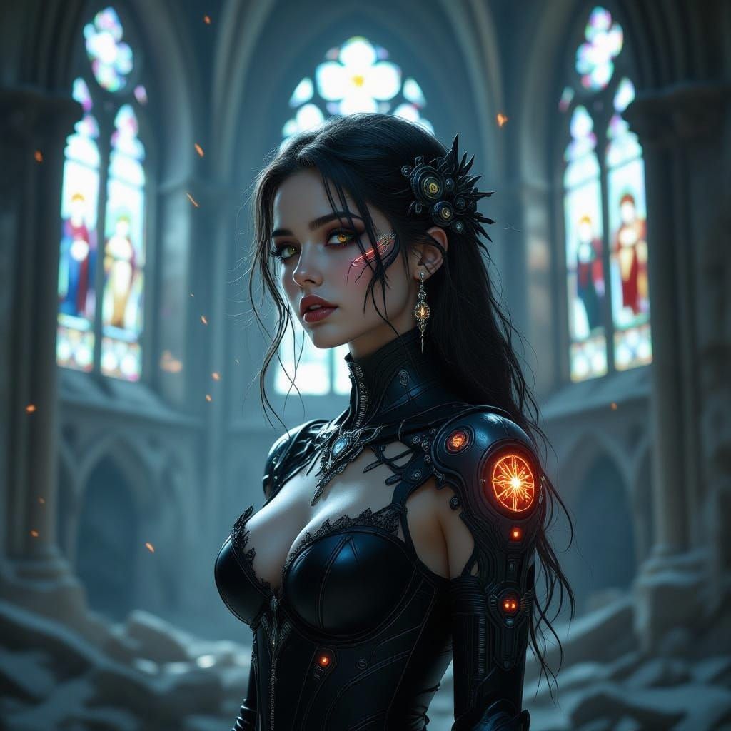 Cybernetic Gothic Woman in Ancient Cathedral Ruins