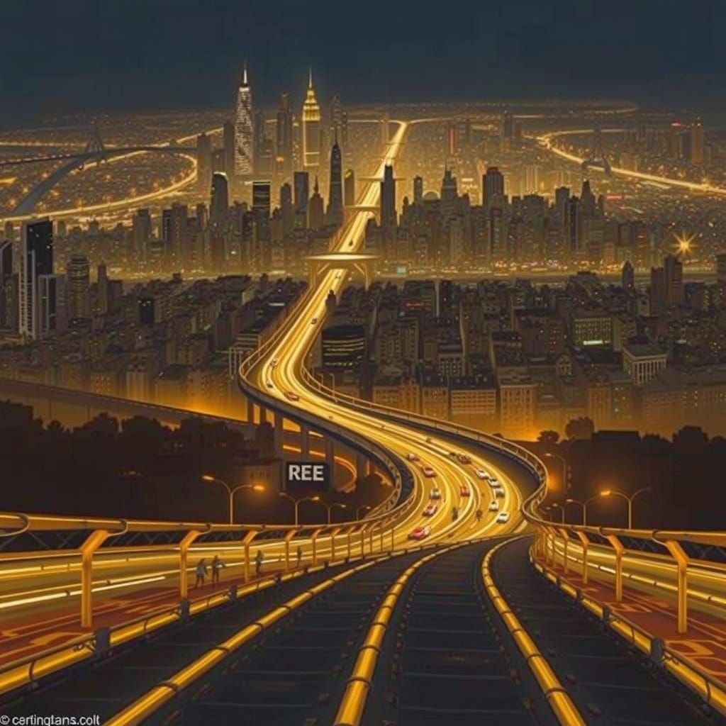 Vibrant Urban Cityscape Illuminated by Golden Yellow Light