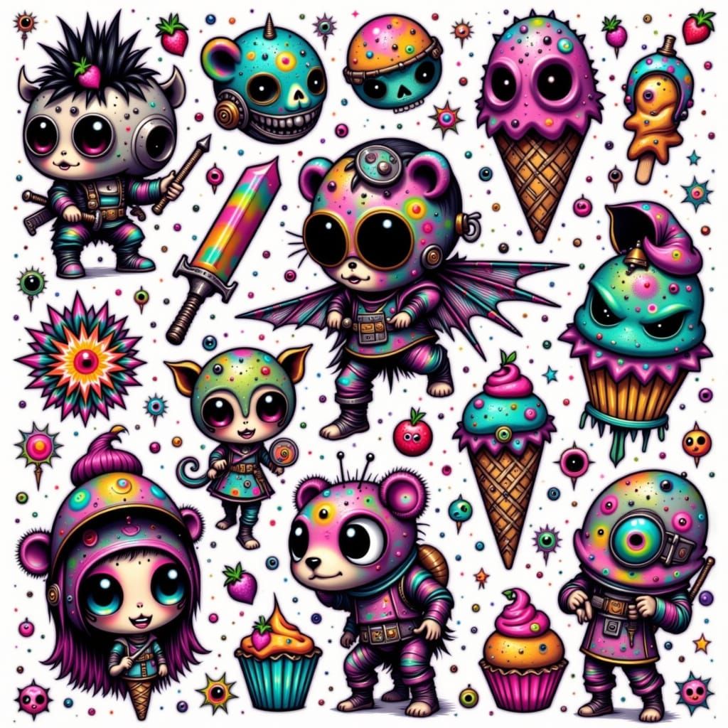 Vibrant Flash Tattoo Sheet with Whimsical Designs