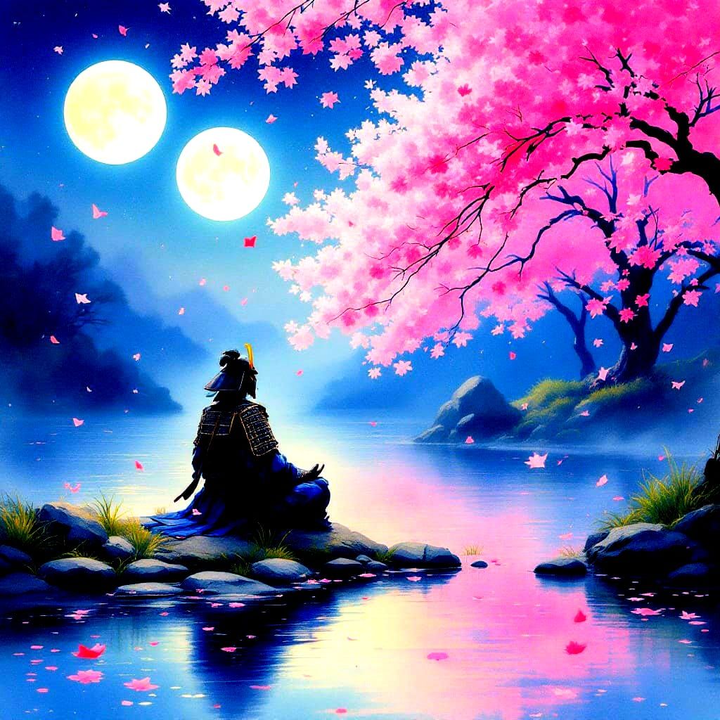 Meditative Samurai Under Dual Moons in a Traditional Japanes...