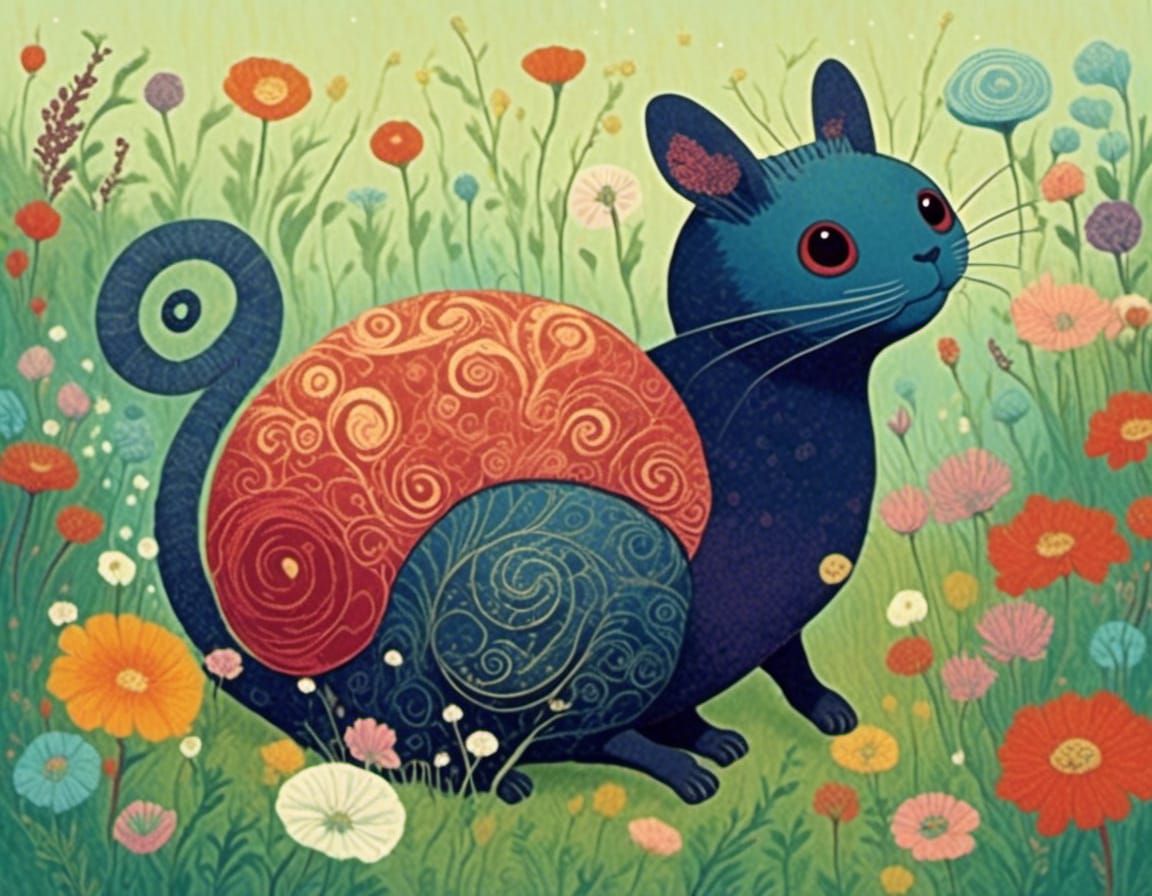 Pastel Cat Creature in Anime Style Meadow