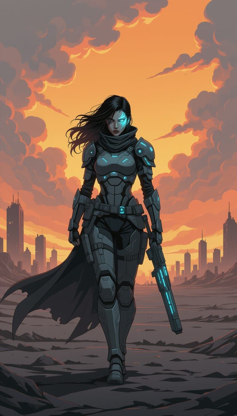 Cyberpunk Warrior Woman in Ruined Cityscape