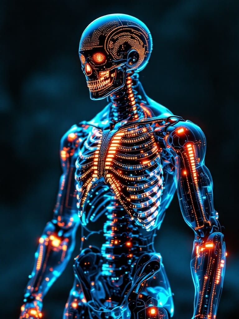 Transparent Cyborg Portrait with Pixel Art Skeleton