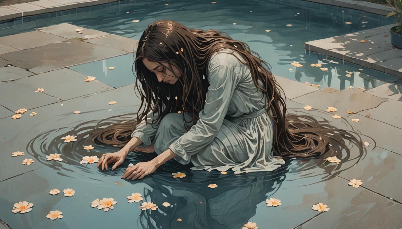 Woman Kneeling by Pool of Tears: Somber Beauty