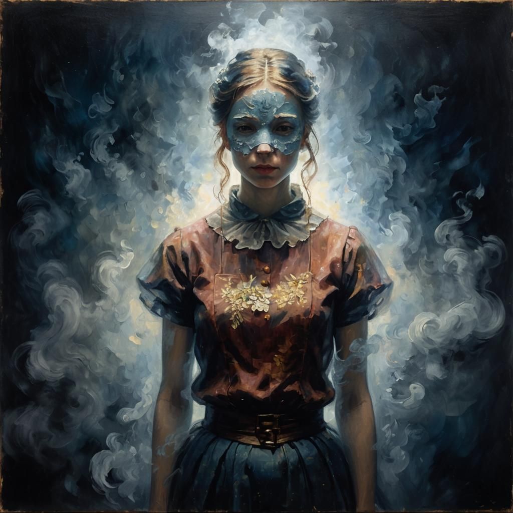 Girl in Mask Amidst Fog, in Van Gogh Style