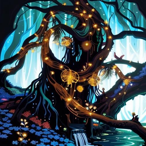 Bioluminescent Forest Stream: Fantasy Acrylic Painting