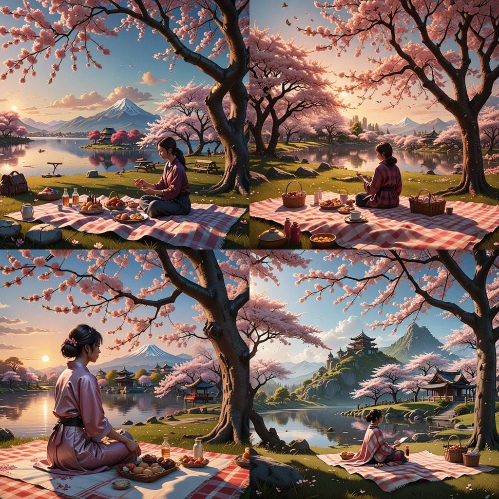 Serene Picnic Under Cherry Blossoms at Sunset