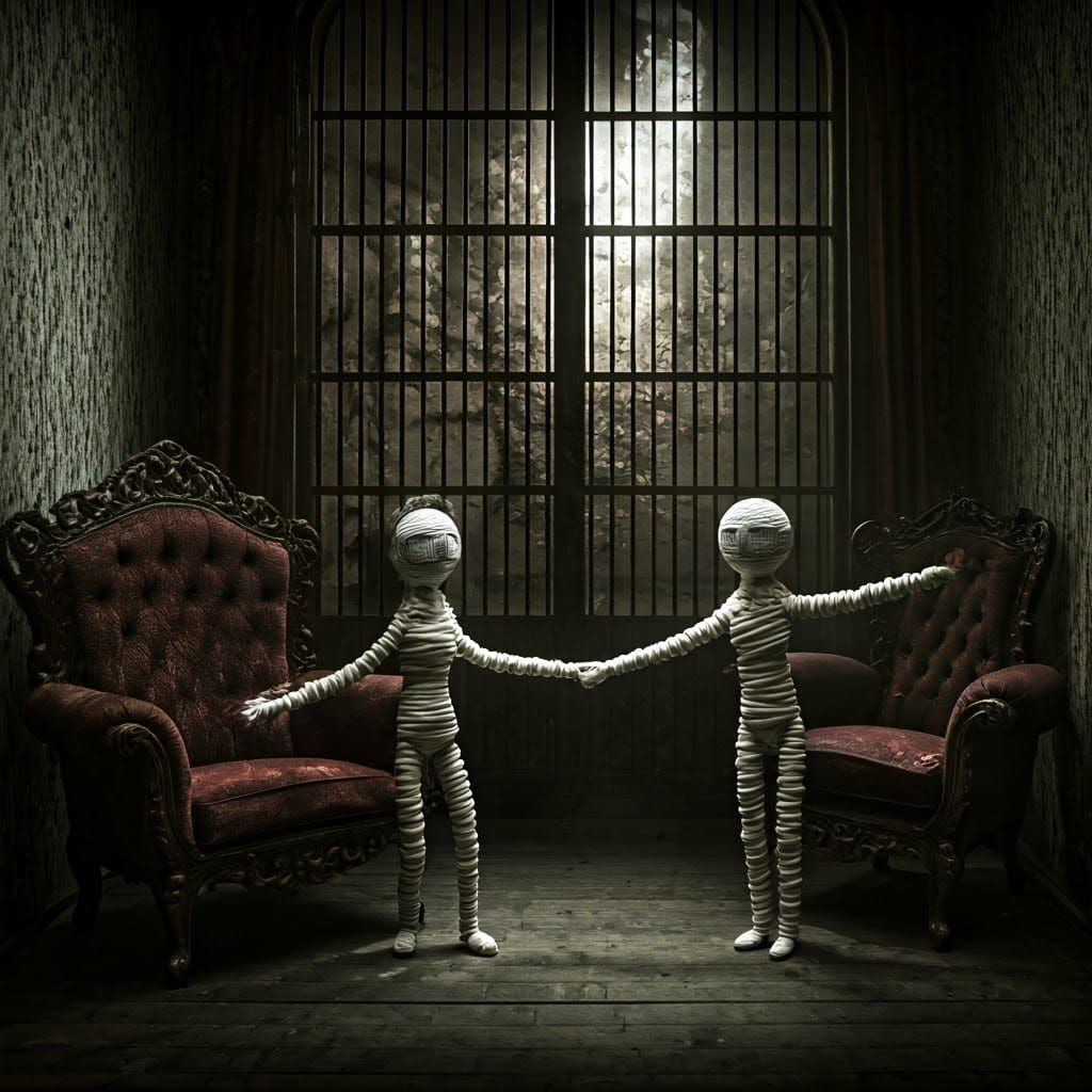 Surreal, Monochromatic Dolls in a Haunting, Dimly Lit Room