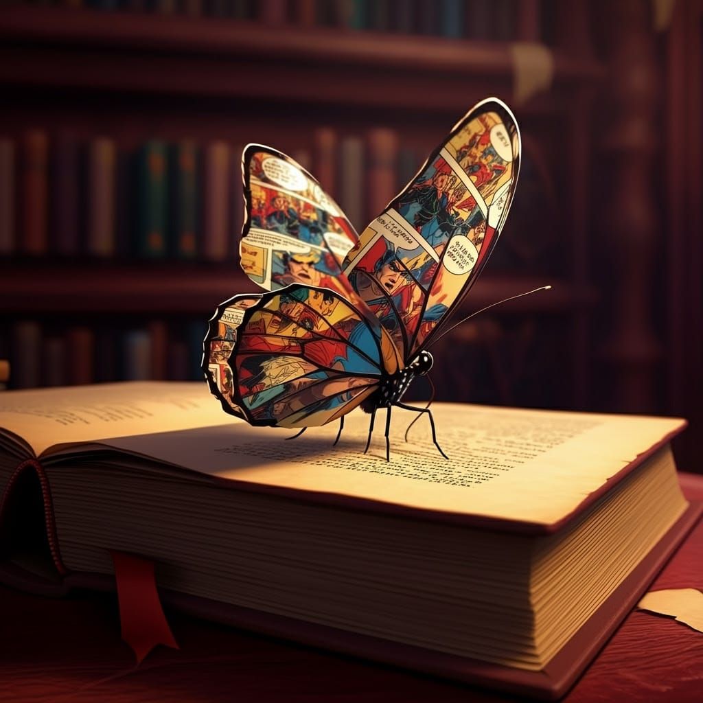 Epic Cartoon Butterfly in a Mystical Library